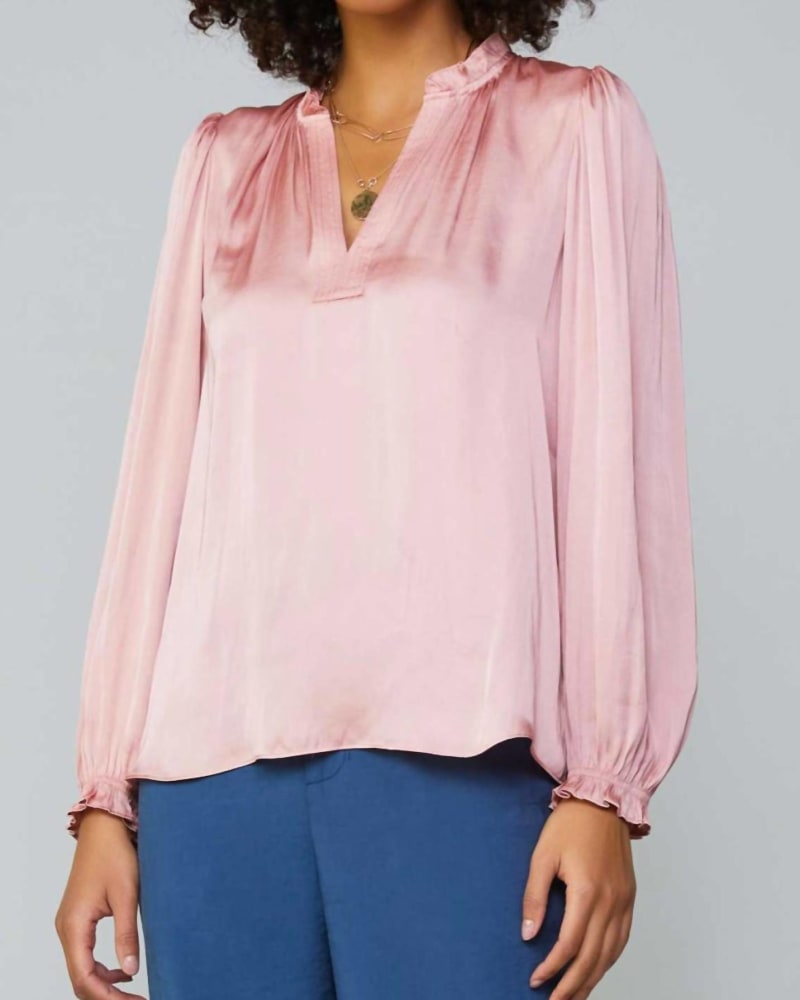Front of a model wearing a size L Vienna Long Sleeve Blouse in Dusty Blush in Dusty Blush by current air. | dia_product_style_image_id:341038